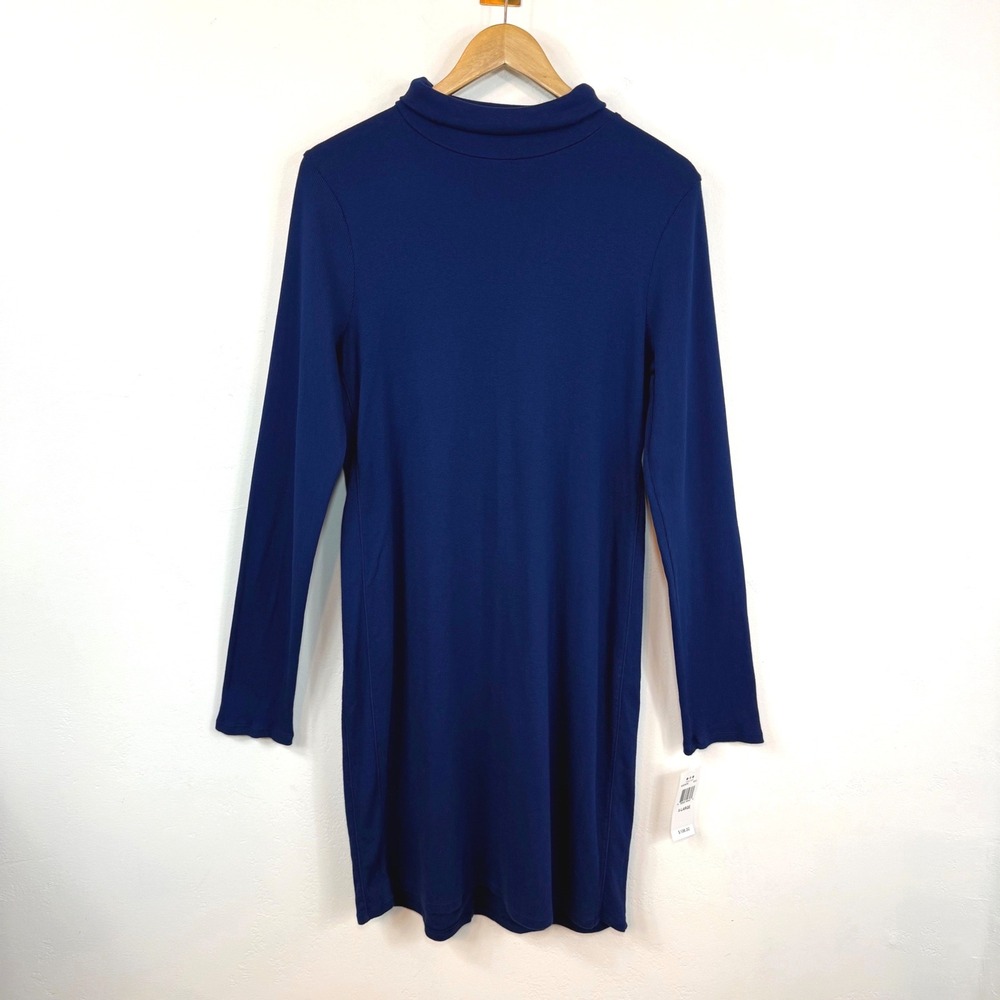 NWT Three Dots Mock Neck Dress Blue Ribbed Long Sleeve Minimalist Preppy XL